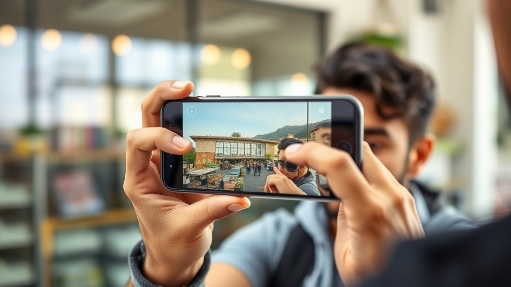 تصویری واقع‌گرایانه و با کیفیت بالا از فردی که با یک گوشی هوشمند در حال عکاسی حرفه‌ای است، با تمرکز بر لنز پیشرفته دوربین گوشی و محیط اطراف که عناصری از یک کسب‌وکار کوچک یا یک منظره طبیعی را نشان می‌دهد. این تصویر نمایانگر آخرین اخبار گوشی هوشمند و پیشرفت‌های آن است.