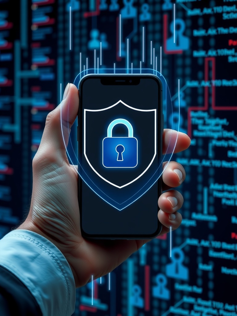 دستی در حال نگه داشتن گوشی هوشمندی با آیکون قفل و سپر دیجیتال، نمادی از حفاظت از دادههای شخصی و جلوگیری از نقض حریم خصوصی متا