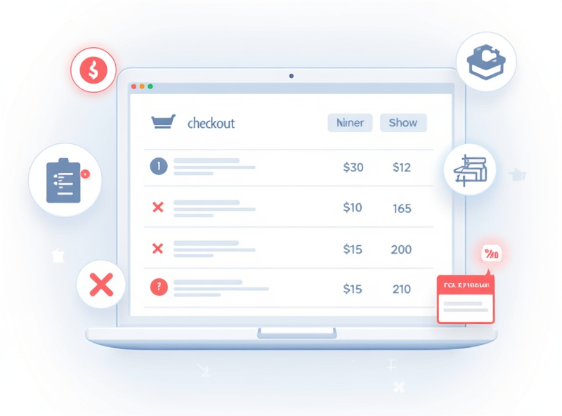 An eCommerce checkout interface displays incorrect pricing with visible discount errors, while icons of automation tools hover around, depicting a chaotic process.