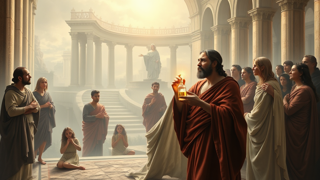 현대 법의학을 통해 정의를 이루는 장면을 묘사한 종교적 비유