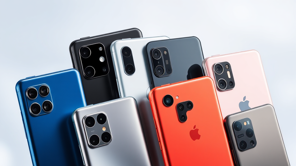 چندین گوشی هوشمند مدرن از برندهای مختلف (سامسونگ، اپل، شیائومی، گوگل) با طراحی‌های زیبا و ماژول‌های دوربین برجسته، در پس‌زمینه‌ای ساده و مینیمالیستی، منعکس‌کننده آخرین اخبار گوشی هوشمند و تنوع بازار