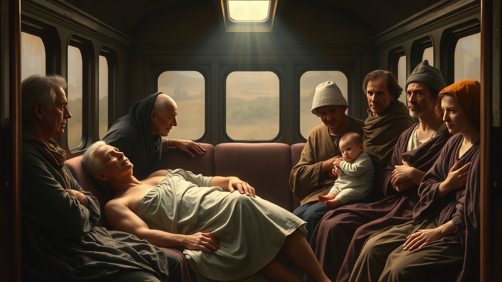 부드러운 빛 속에서 서로를 배려하는 인물들이 놓인 대중교통 내부의 장면