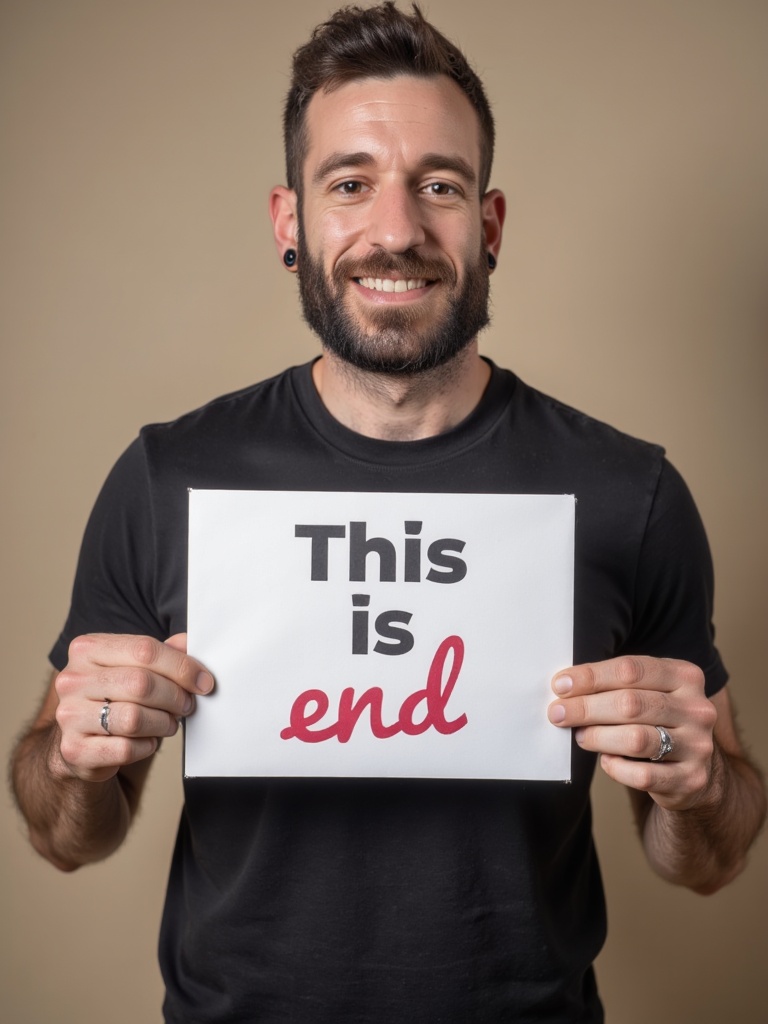 GAXYZ man holding a sign with This is the end