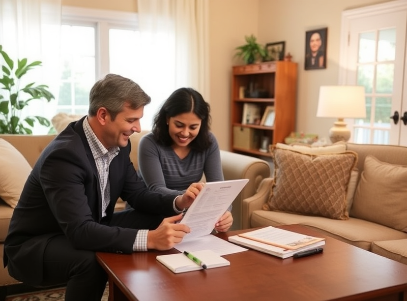 A kind notary expertly guides a single parent through digital housing paperwork in a welcoming living room setting, ensuring a smooth and supportive journey towards their new home.