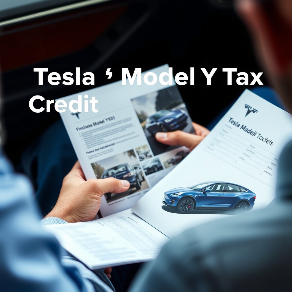 تصویری واقعگرایانه و باکیفیت از فردی که در حال بررسی اسناد مالی و بروشور تسلا مدل Y است، نمادی از فرآیند تصمیمگیری برای خرید یک خودروی برقی با در نظر گرفتن مشوقهای مالیاتی. تصویر باید جنبه مالی و اهمیت درک اعتبار مالیاتی تسلا مدل Y را برجسته کند.
