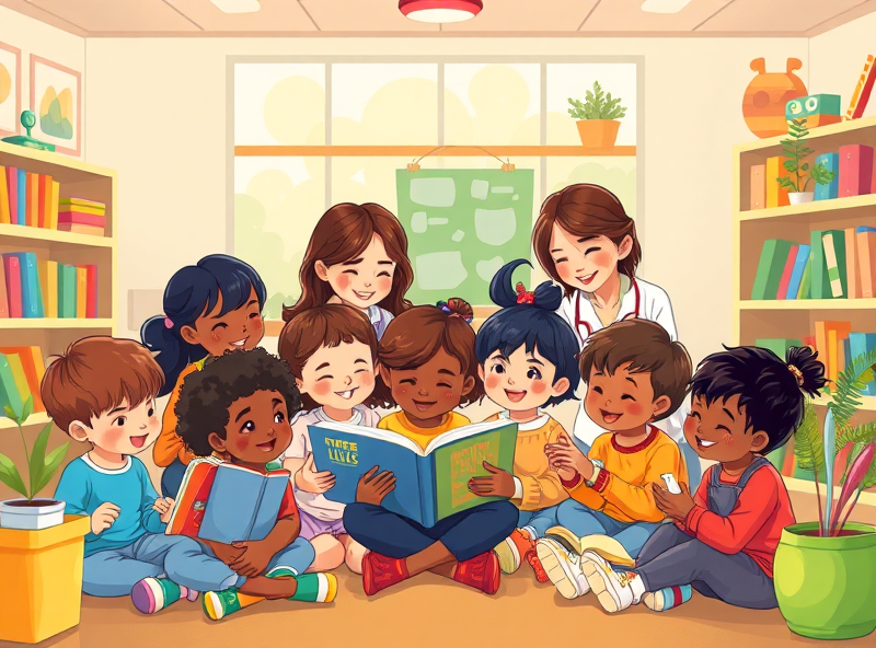 Children from various backgrounds enthusiastically engage with books in a vibrant, inclusive classroom setting that promotes diversity and equal educational opportunities.