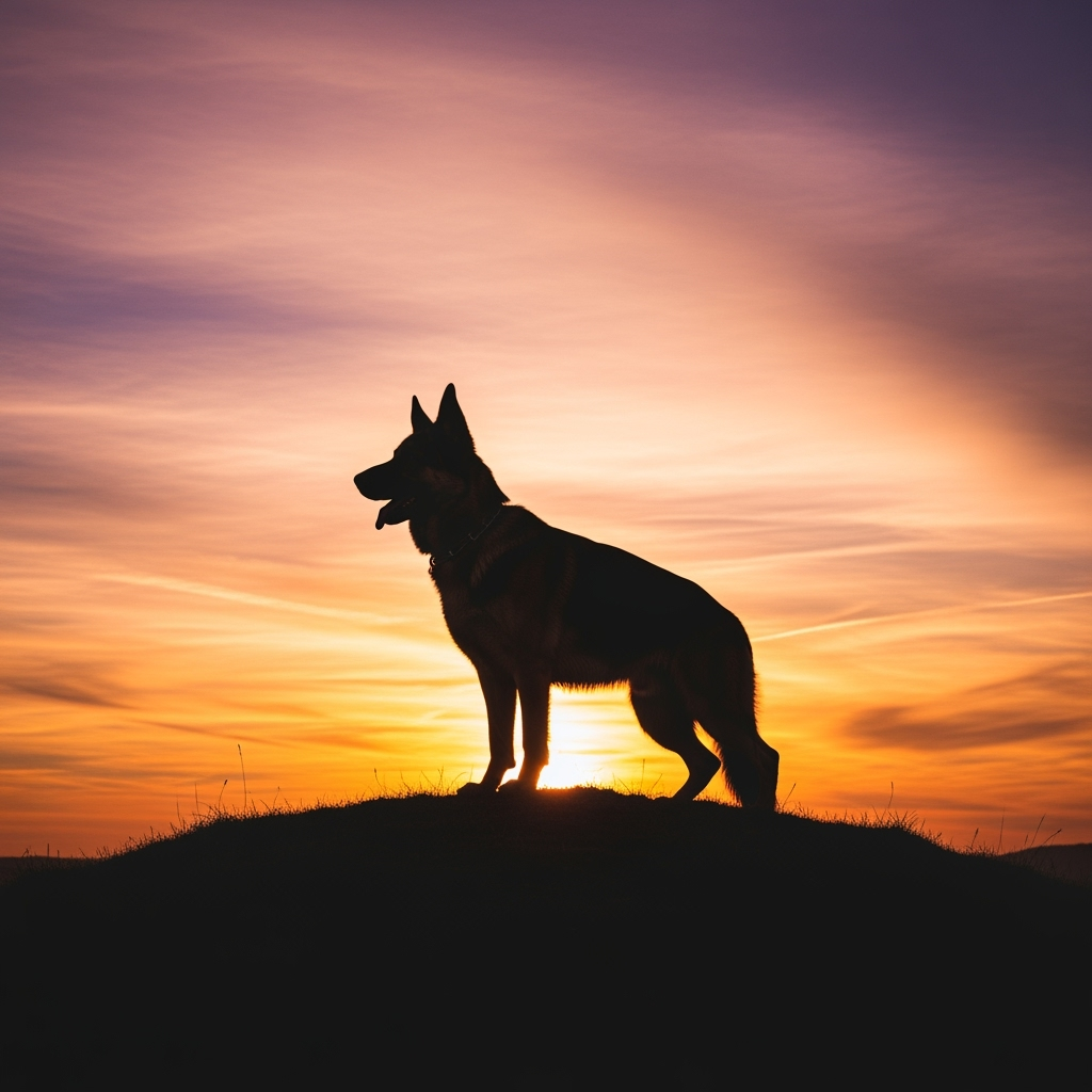 An artistic silhouette of a German Shepherd against a sunset