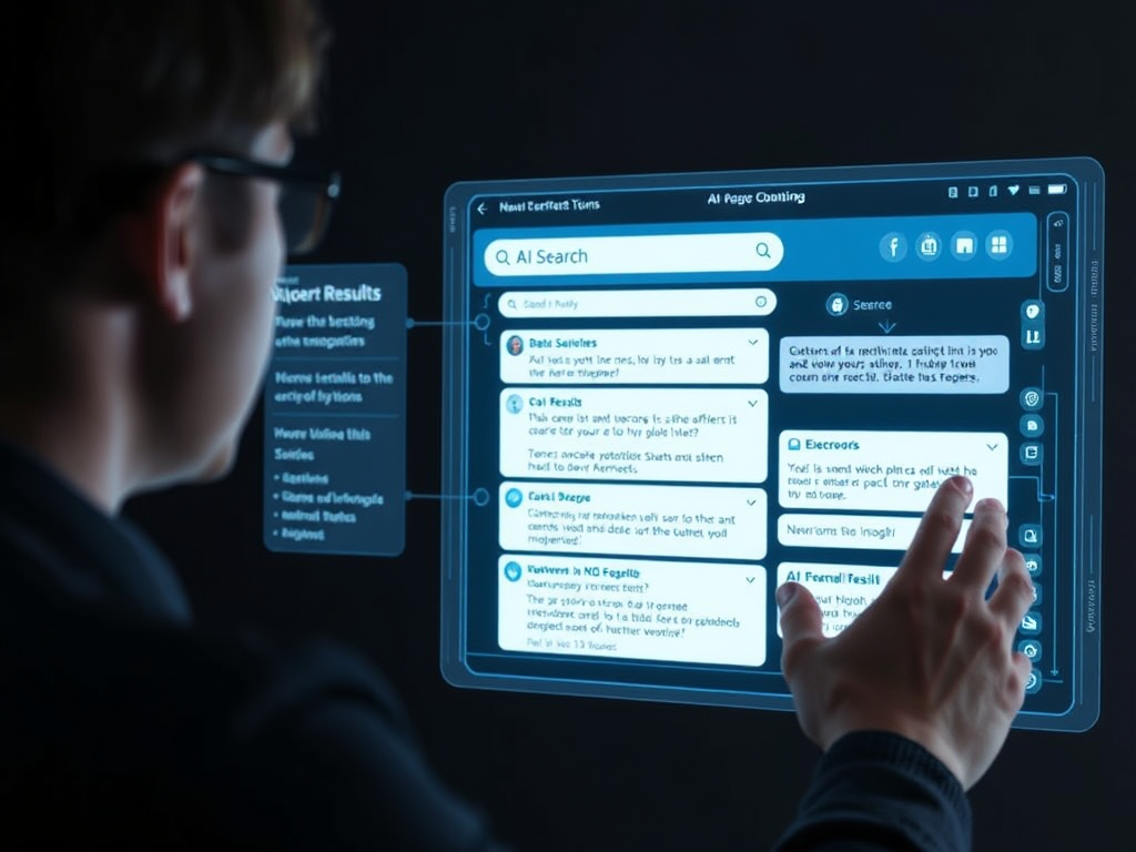 A person interacting with an AI search interface on a holographic screen, showing synthesized results and a conversational flow. The interface is clean and user-friendly.