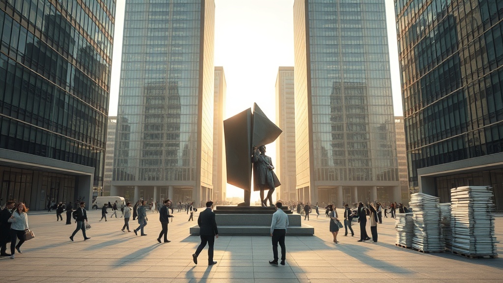 도시 광장에서 조심스럽게 분리되는 상징적 조형물