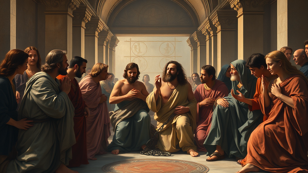 공동체의 이익과 개인의 이해관계를 묘사하는 상징적 장면