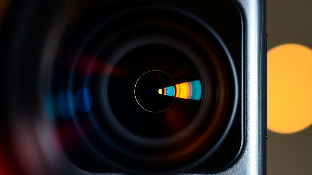 A close-up of a smartphone camera lens, with abstract light trails representing advanced photography and videography features in mobile phone reviews