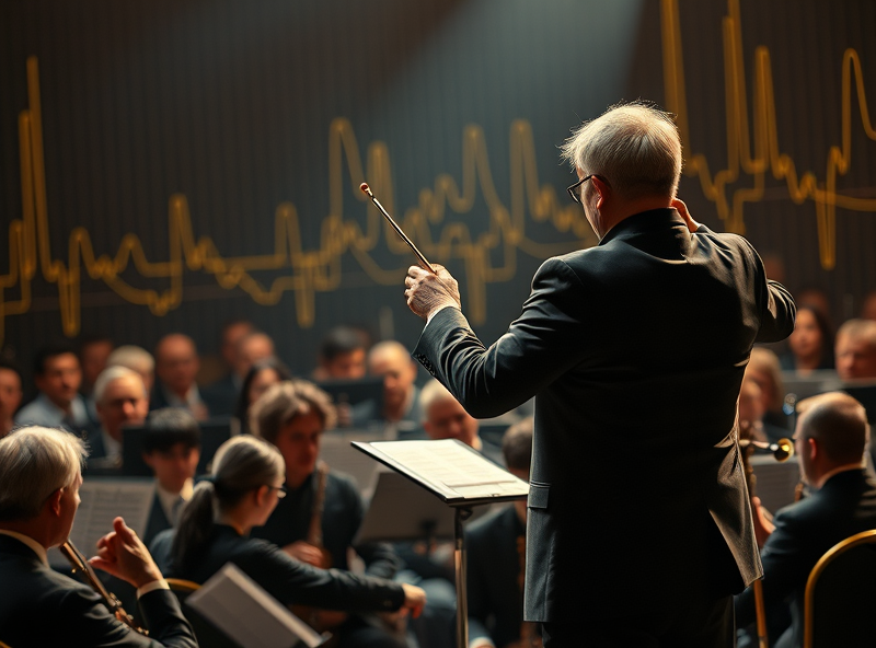 A conductor leading an orchestra of electronic signals, with the Analog Devices logo on the conductor's baton. The music (signals) is creating a harmonious flow of money. Represent control and strong investment. Artistic and precise feeling.