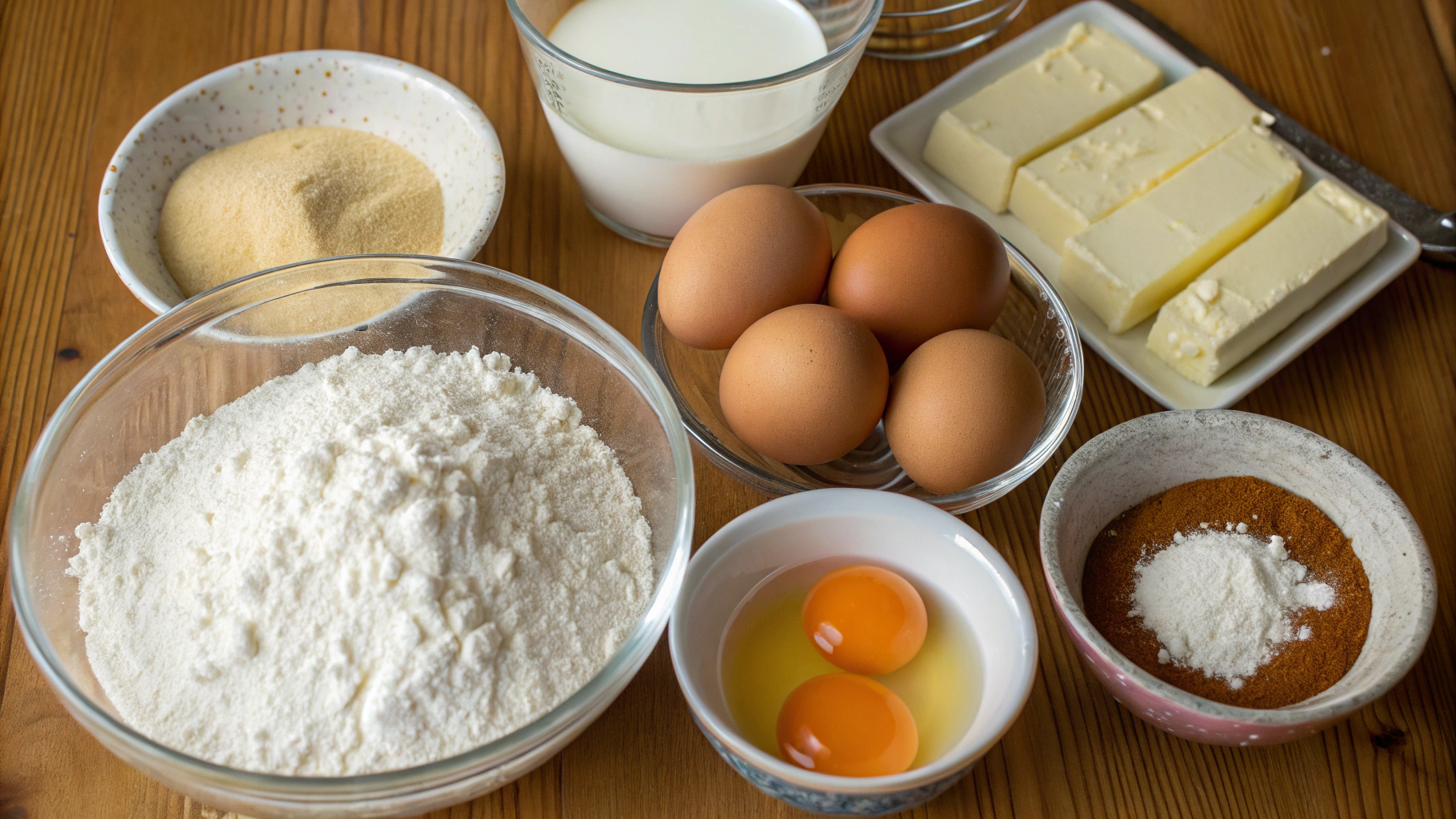 Tsoureki ingredients laid out on a wooden table
