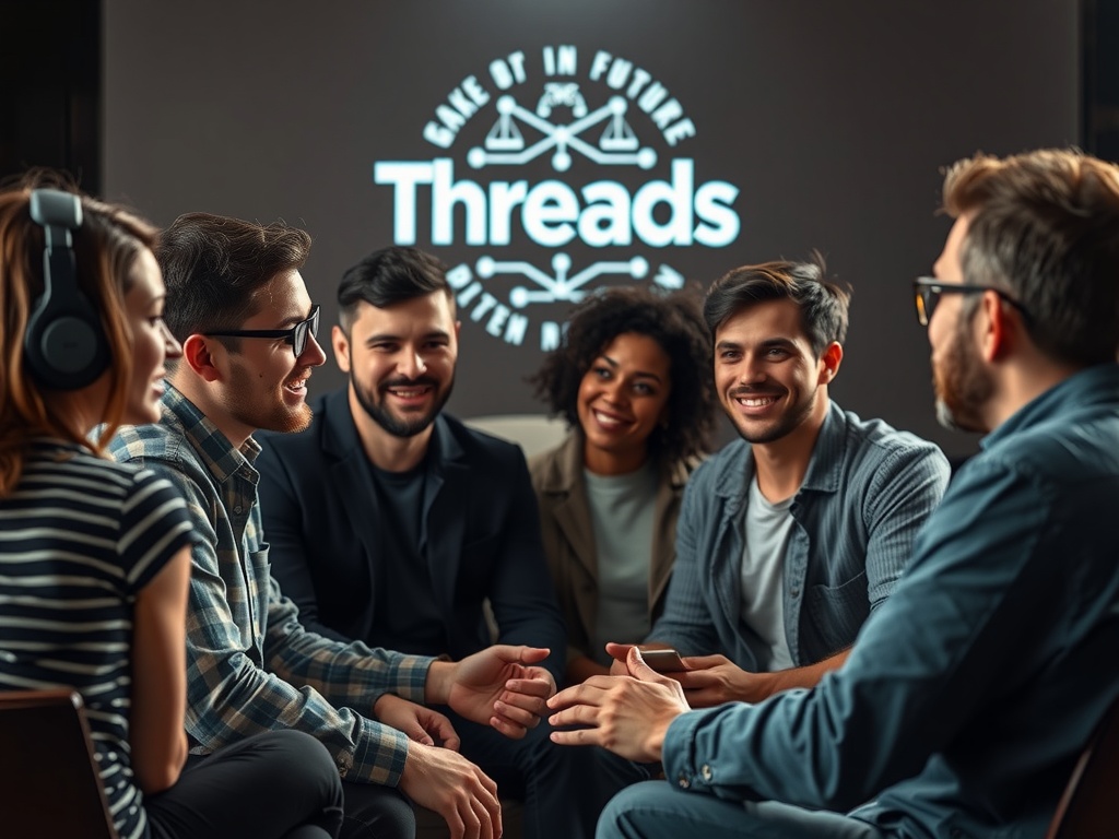 گروهی از تولیدکنندگان محتوا در حال بحث درباره آینده و استراتژی‌های خود، با لوگوی دیجیتالی Threads در پس‌زمینه. نمادی از تاثیر پایان برنامه پاداش Threads.