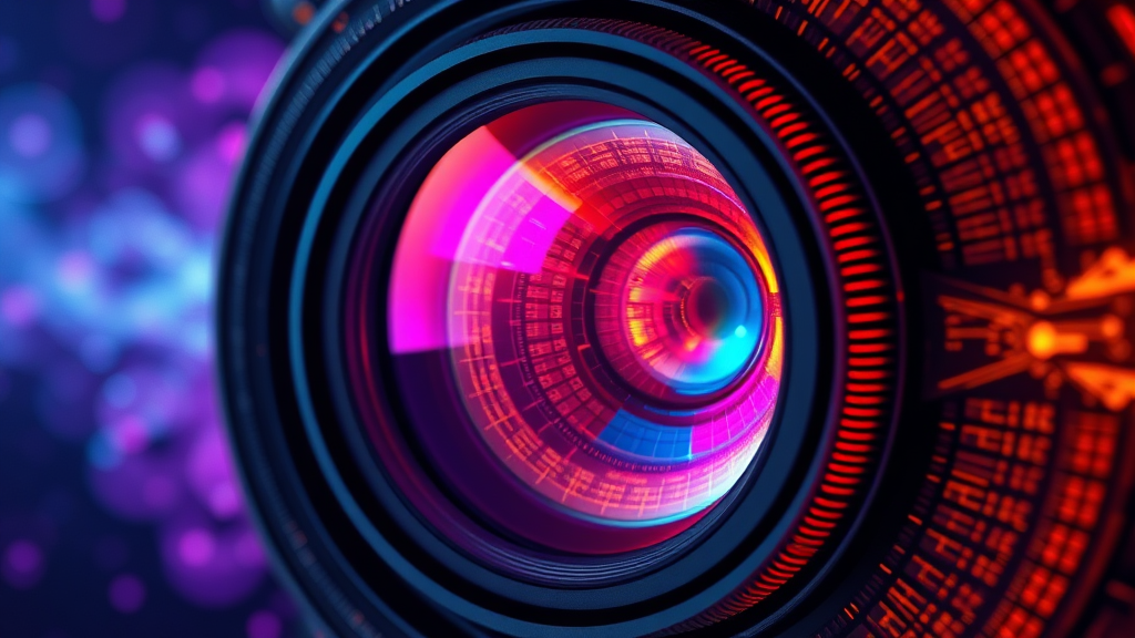 تصویری واقع‌گرایانه و با کیفیت بالا از یک لنز دوربین آینده‌نگر با مدارهای هوش مصنوعی یکپارچه، که امواج صوتی را به صورت الگوهای بصری ثبت می‌کند و مفهوم 'دیدن صدا' را به تصویر می‌کشد، انتزاعی و با رنگ‌های زنده، مرتبط با اخبار فناوری