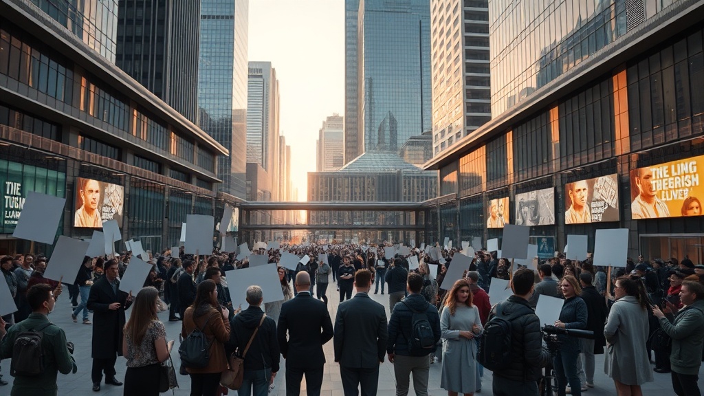 현대적 도시 광장에서 평화롭게 대치하는 시민들의 장면