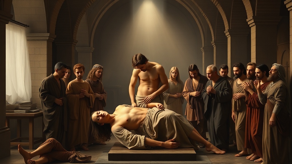 고전적 분위기의 작업 공간에서 서로를 돌보는 장면을 담은 회화적 이미지