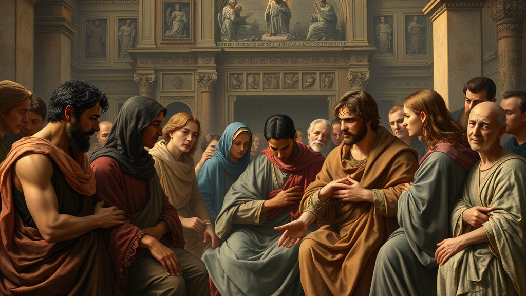 평화와 정의를 비추는 은유적 종교적 장면