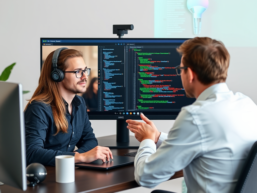 Professional Recruitment Services Transform Organizational Success 5 Tech recruitment specialist conducting a virtual interview with a software developer candidate, with code samples visible on screen and AI-powered assessment tools running in the background
