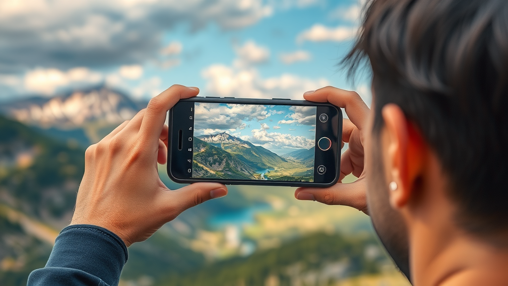 یک هنرمند عکاسی موبایل در حال ویرایش عکس خود بر روی گوشی هوشمند، با تاکید بر اصالت و خلاقیت در مسابقه عکاسی