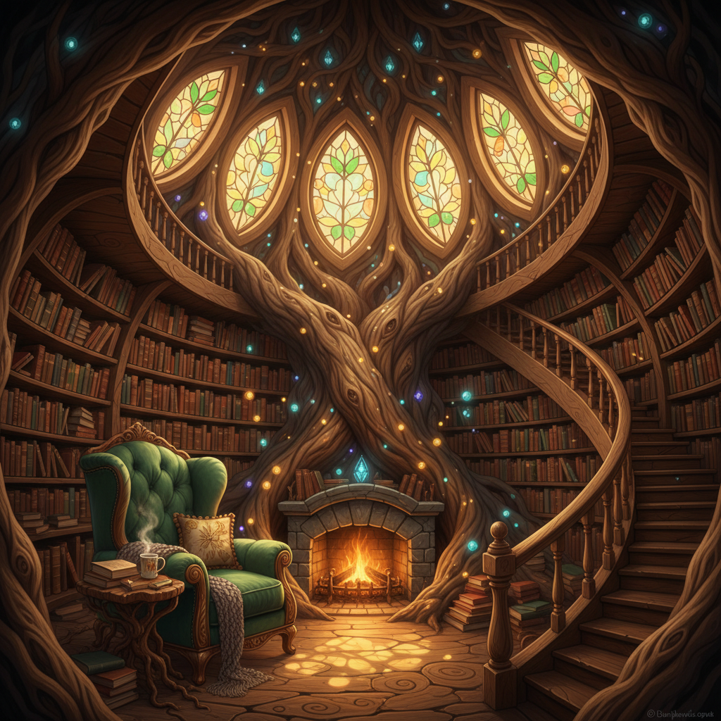 Interior of a cozy, circular library built inside a massive, ancient hollowed-out tree.