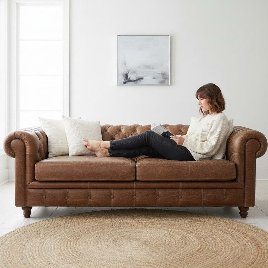 Before and after shot of a living room, where a blue sofa is changed to a brown leather sofa.