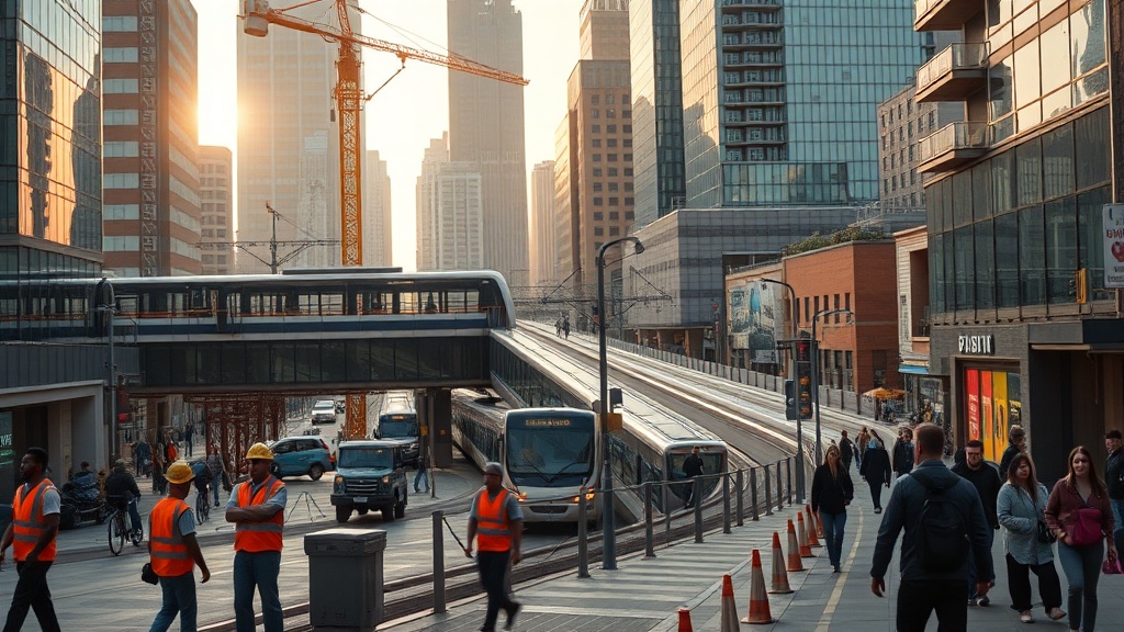 현대 도시의 철도 건설 장면을 보여주는 영화 스틸 같은 사진
