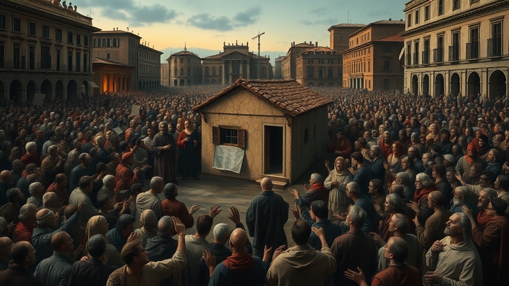 르네상스풍 광장에 몰린 군중과 반지하 빌라를 묘사한 그림