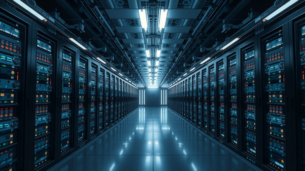 یک مرکز داده خالی و آینده‌نگر در چین، با ردیف‌هایی از سرورهای پیشرفته و چراغ‌های چشمک‌زن، اما با حس آشکاری از رها شدگی یا استفاده ناکافی. این تصویر بر زیرساخت‌های وسیع و بلااستفاده در اقتصاد چین، هوش مصنوعی، خودروهای برقی تأکید دارد.