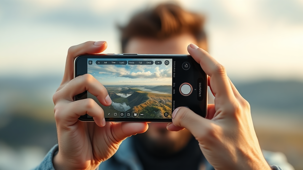 شخصی در حال گرفتن عکس حرفه‌ای با گوشی هوشمند در منظره‌ای زیبا، نمایشگر گوشی رابط کاربری دوربین با تنظیمات پیشرفته را نشان می‌دهد. این تصویر بر قابلیت‌های عکاسی و ویدیوگرافی موبایلی تأکید دارد.