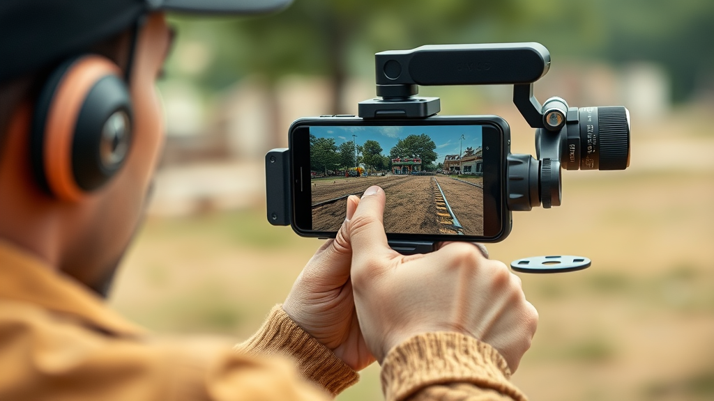 A professional mobile videographer or photographer actively using a high-end smartphone with external lenses or a gimbal, showcasing the advanced camera features in smartphone news.