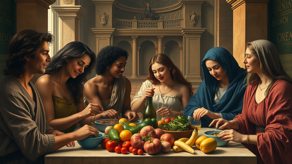 건강한 식사를 나누는 장면, 공동체와 감사의 중요성 강조