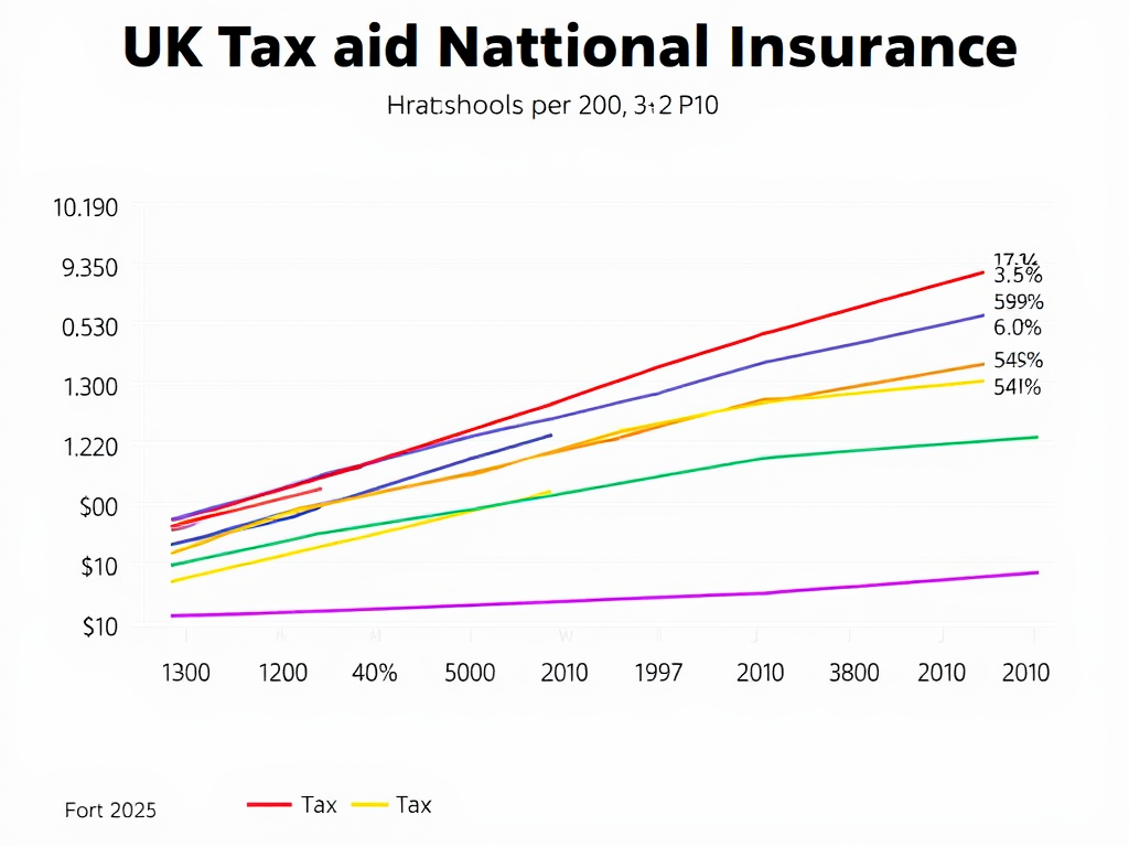 £1,600 Monthly Pay: From Gross Salary to Net Take-Home (UK Guide) 4 Line graph showing UK tax and National Insurance thresholds for 2025, with income levels on x-axis and tax percentages on y-axis, indicating different tax bands with different colored lines