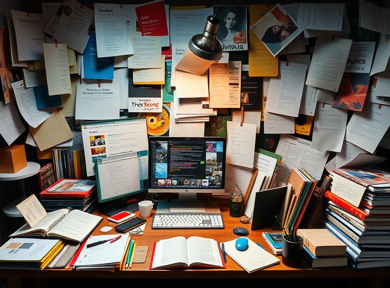 A cluttered desk covered in open browser tabs, symbolizing the chaos of managing multiple websites simultaneously with a touch of humor and a hint of exhaustion.