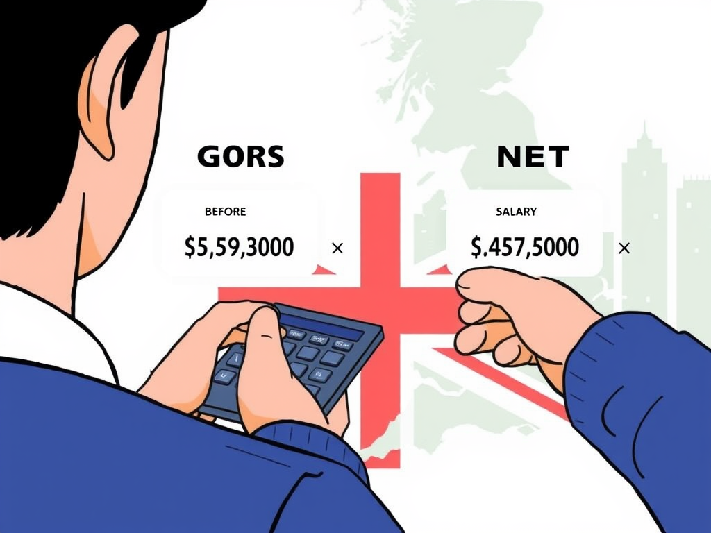 Person comparing gross and net salary using a calculator