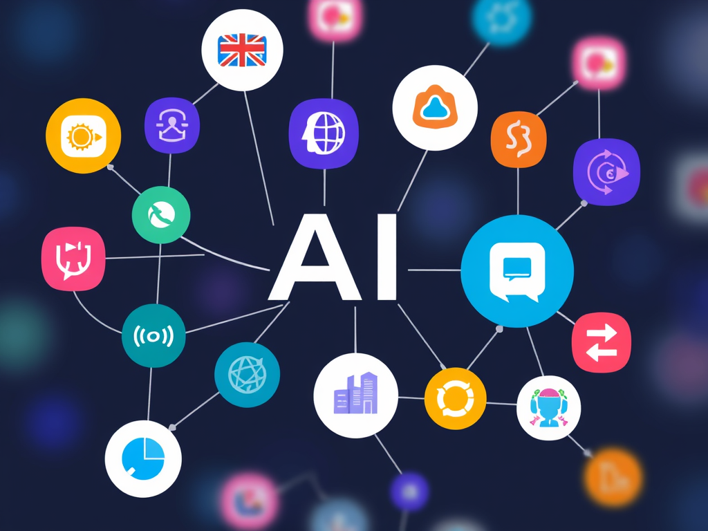 A vibrant graphic showcasing logos or icons representing different types of AI tools (like chat, analytics, automation, content creation) connected in a network.