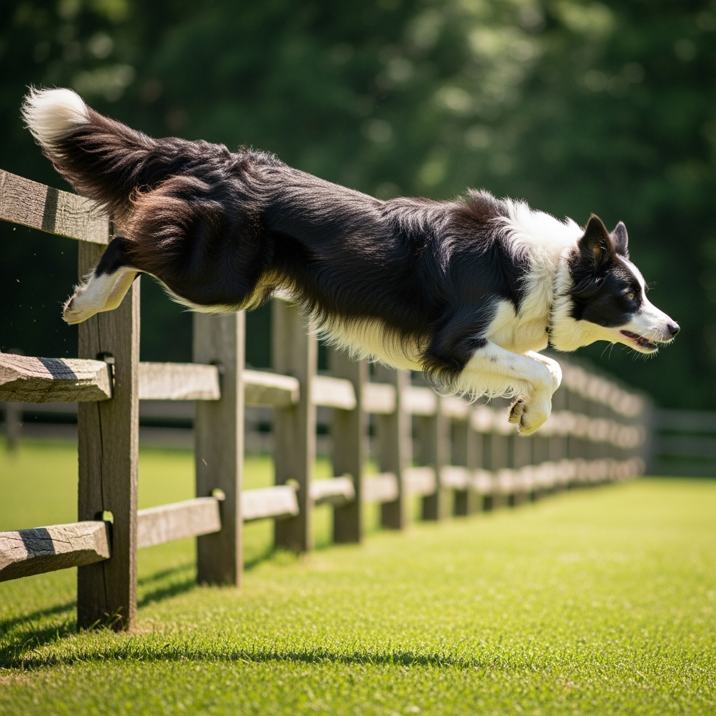 A Border Collie leaping over a fence (dynamic, realistic)
