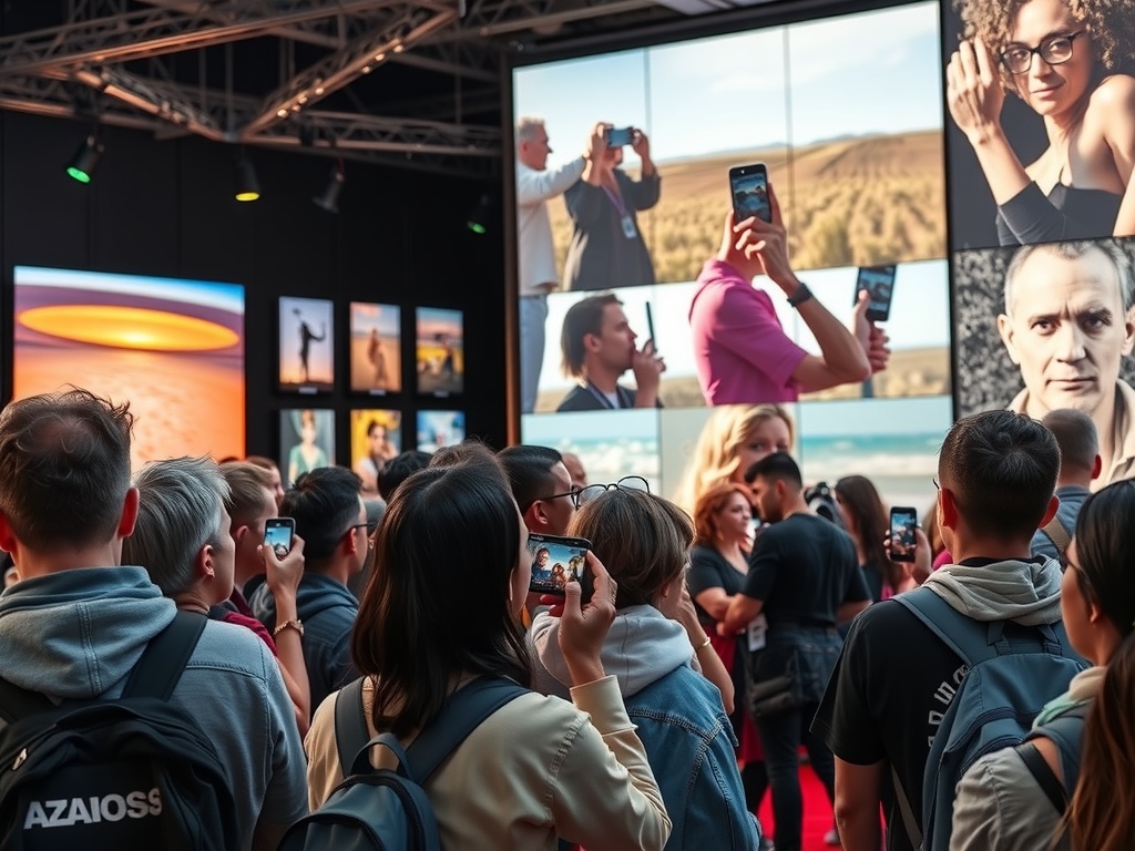 گروهی متنوع از هنرمندان موبایل در حال تماشای آثار برنده جوایز عکاسی موبایل بر روی یک صفحه نمایش بزرگ، با فضایی الهام‌بخش و پر جنب و جوش.