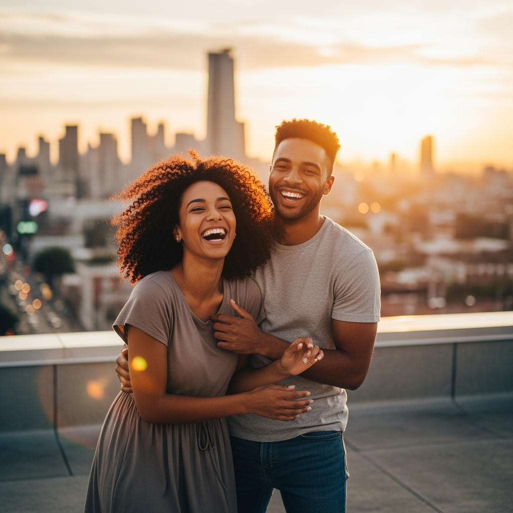 A young couple laughing on a city rooftop at sunset.