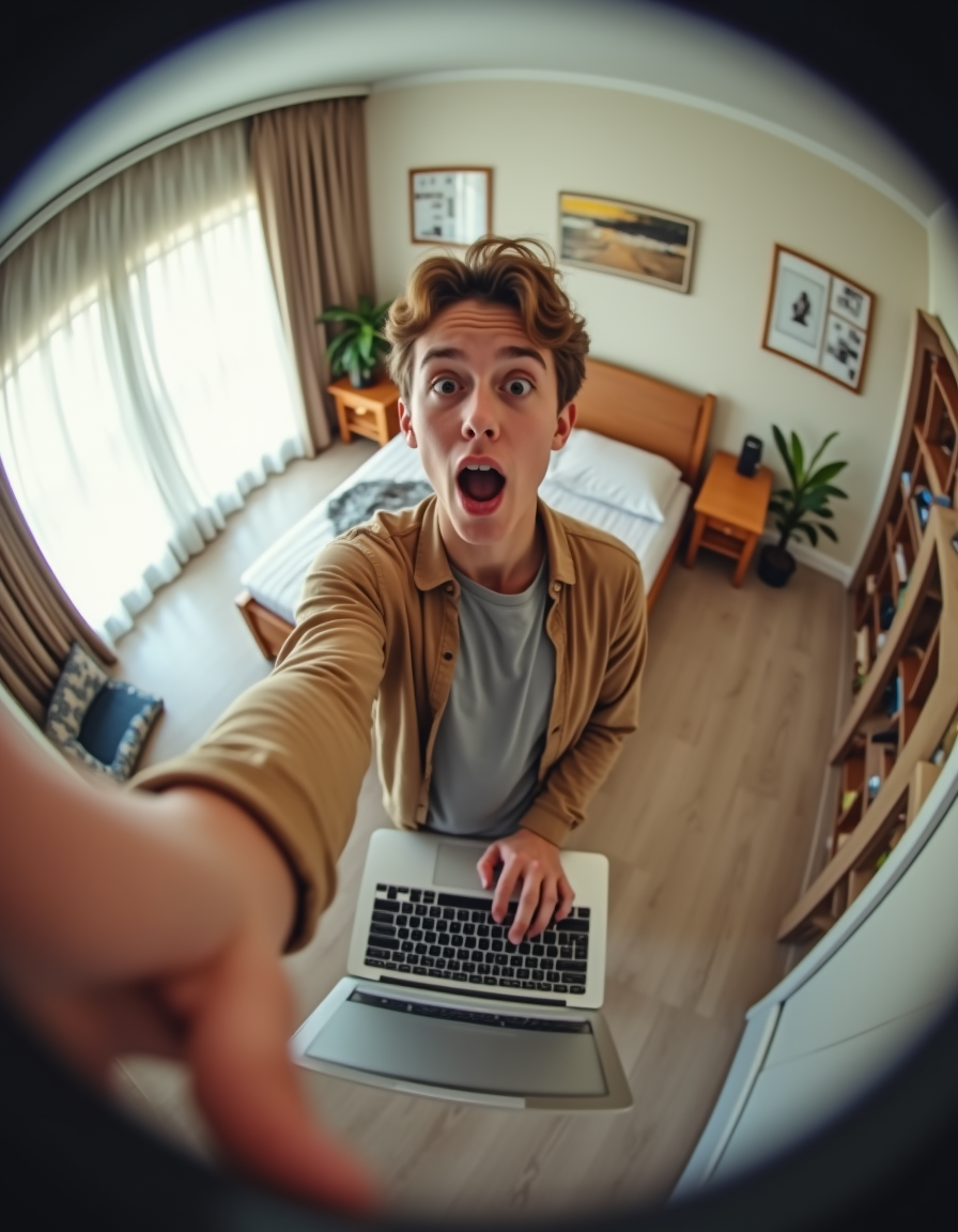 Wide-Angle Bedroom Creative Pose