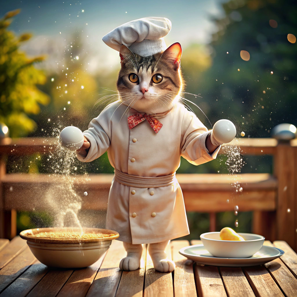 Chef Cat Washing Plates in Rustic Outdoor Setting