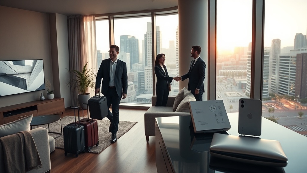 현대적 아파트 내부와 사람들의 상호작용을 담은 사진적 장면