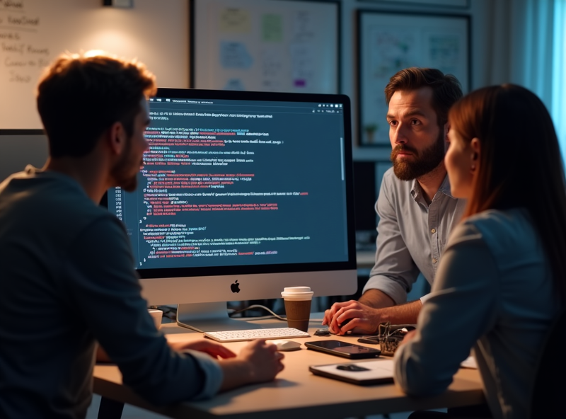 This image shows a group of software developers looking perplexed while gathered around a computer screen displaying an error message about AI retry logic. The setting is a busy tech office filled with coffee cups, laptops, and notes on a whiteboard. The lighting is bright, capturing the mix of frustration and collaboration in the atmosphere.
