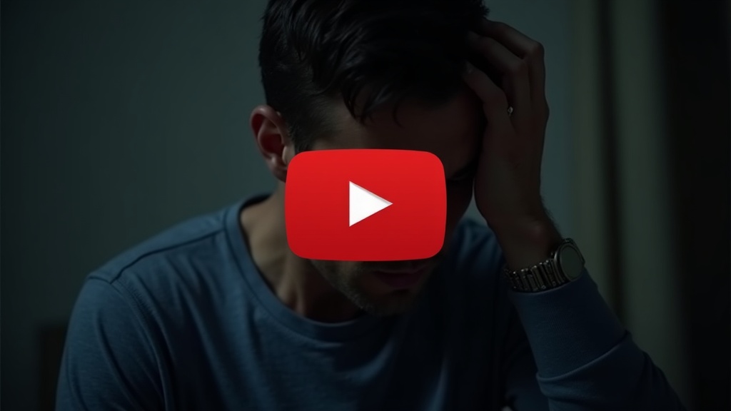 Image of a man distressed by ear ringing in a dimly lit room with a centered red and white YouTube style play button and microscopic highlight of nerve inflammation