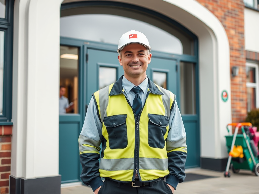 A professional school caretaker in uniform standing in front of a school building with cleaning and maintenance equipment nearby