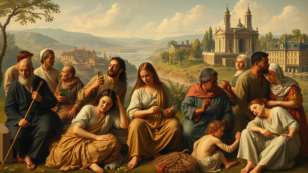 노동과 삶의 균형을 상징하는 비유적 장면