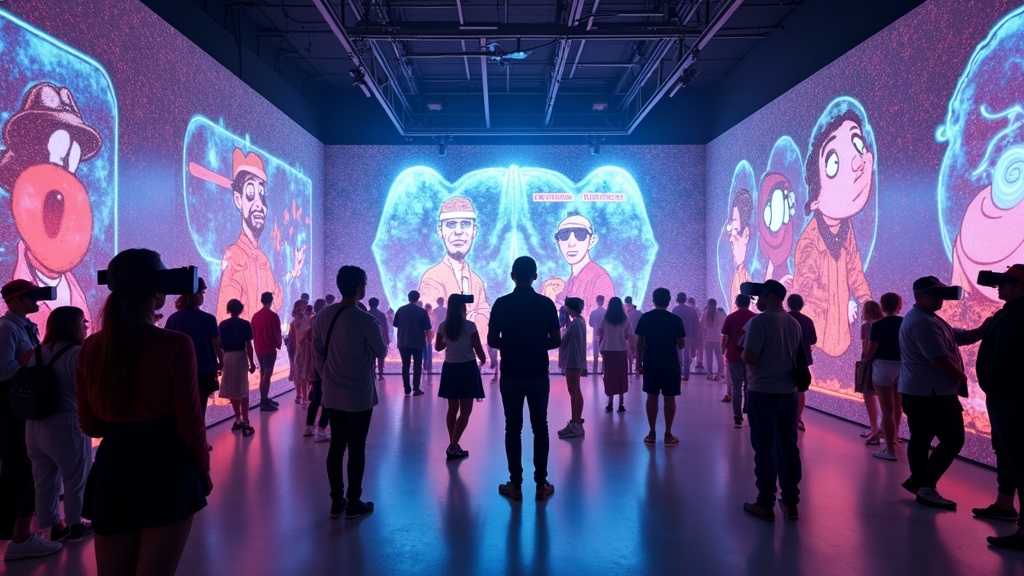 Visitantes con gafas VR interactuando en una sala inmersiva, evocando la experiencia de la Exposición Ibáñez VR Barcelona