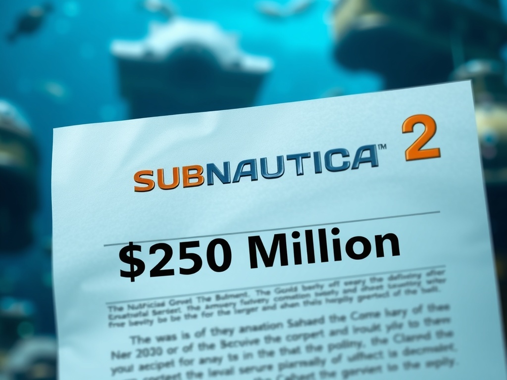یک سند حقوقی واقعی با کلمات Subnautica 2 و ۲۵۰ میلیون دلار در پس‌زمینه‌ای تار از یک صحنه بازی زیر آب، نشان‌دهنده نزاع حقوقی سابناتیکا ۲