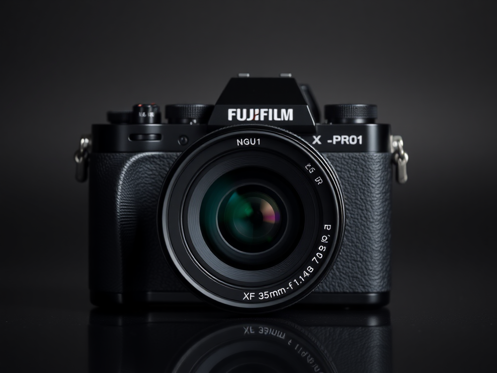Fujifilm XF 35mm f/1.4 R lens mounted on a Fujifilm X-Pro1 camera, showcasing its classic design in a professional studio setting. This is a detailed Fujifilm lens review product shot.
