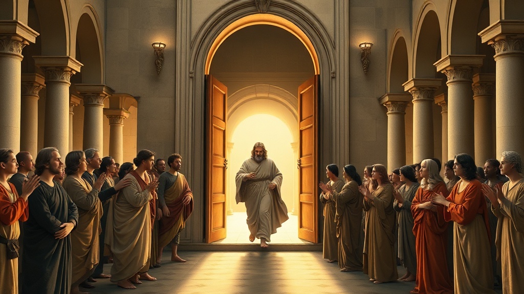 고전적 문이 열리고 따스한 빛 속으로 걸어가는 인물을 둘러싼 화해의 장면, 부서진 족쇄와 빵이 놓인 석축